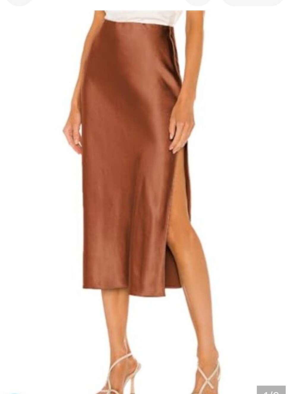 Wayf Rust Satin Midi Skirt with Front Slit